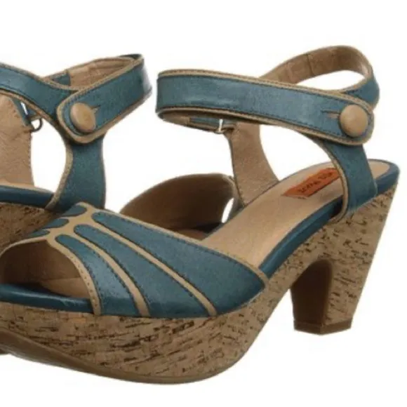 Miz Mooz Women's Corbin Dress Sandal Blue Cork Ankle Strap Whimsy Art To Wear