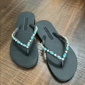 Mystique Boutique Black Sandals with Blue and Gold Accents