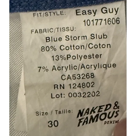 Naked &amp; Famous 12oz Japanese Denim Easy Guy Blue Storm Slub Mens Jeans 32x32 EUC