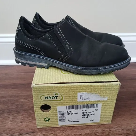 NAOT Mens Shoes sz 9-9.5 42 Black Nubuck Loafers Slip-ons Manyara Coal Oily