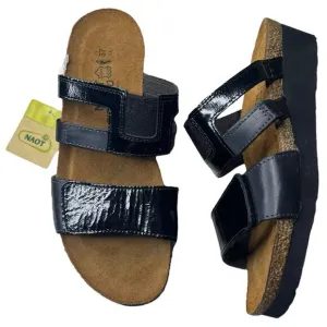 Naot Nancy Sandal Women Sz 6.5 EU 37 Black Patent Leather Slip On Wedge Heel New