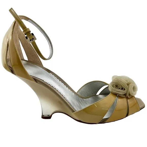 New Giorgio Armani Women Heel Shoes Nude Patent Leather Dress Sandals Slim Wedge