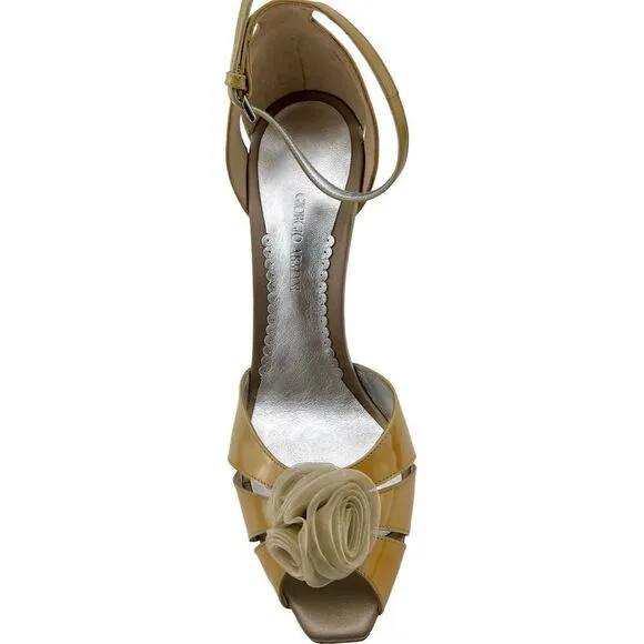 New Giorgio Armani Women Heel Shoes Nude Patent Leather Dress Sandals Slim Wedge