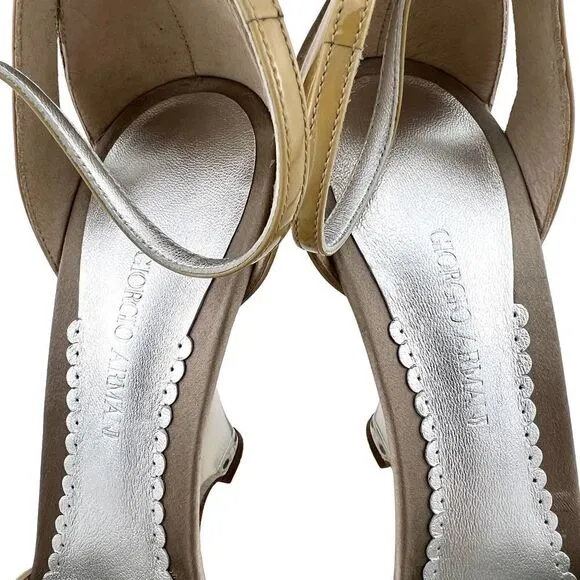 New Giorgio Armani Women Heel Shoes Nude Patent Leather Dress Sandals Slim Wedge