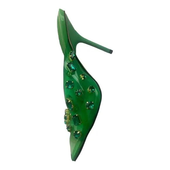 NEW Good American Jeweled Emma Slip Heels Mules Diamonds Summer Green Size 10.5