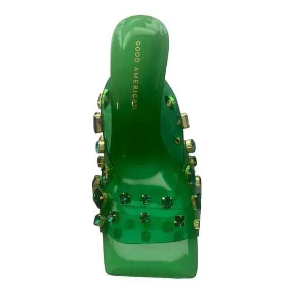 NEW Good American Jeweled Emma Slip Heels Mules Diamonds Summer Green Size 10.5