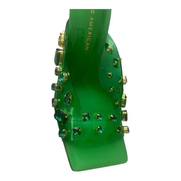 NEW Good American Jeweled Emma Slip Heels Mules Diamonds Summer Green Size 10.5