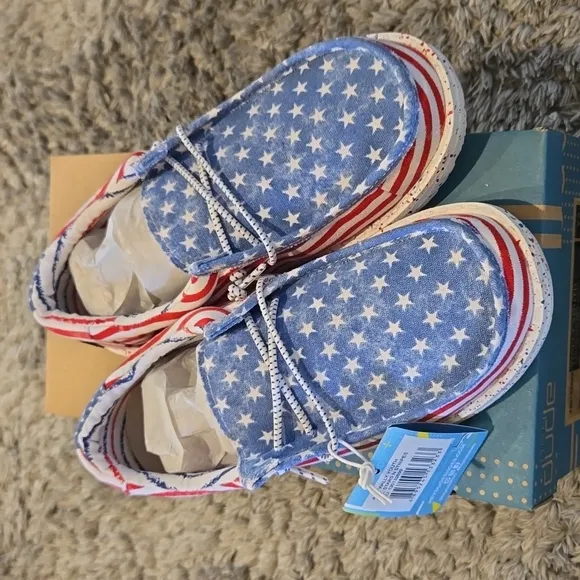 NEW Hey Dude Youth Wally Patriotic Stars &amp; Stripes Casual Slip On Shoes