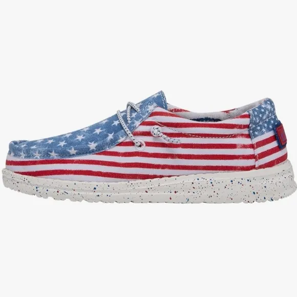NEW Hey Dude Youth Wally Patriotic Stars &amp; Stripes Casual Slip On Shoes