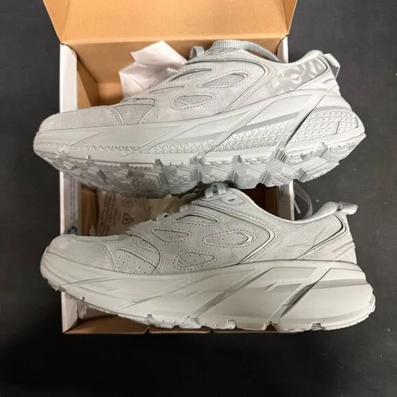New Hoka U Clifton L Suede Limestone Grey Sneakers