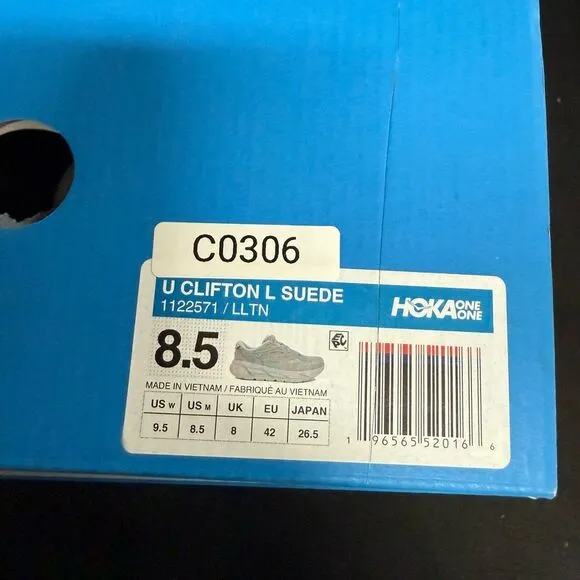 New Hoka U Clifton L Suede Limestone Grey Sneakers