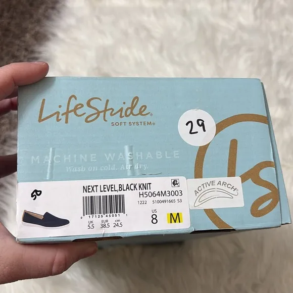 New In Box Life Stride Soft System Active Arch Next Level Black Knit Slip On 7.5