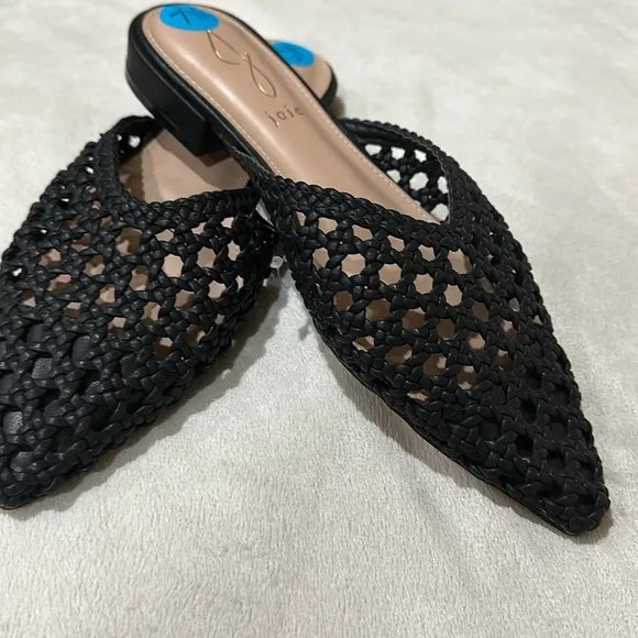 New Joie Leather Woven Flats Womens Black Mules Pointed
