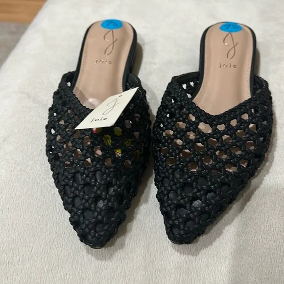 New Joie Leather Woven Flats Womens Black Mules Pointed