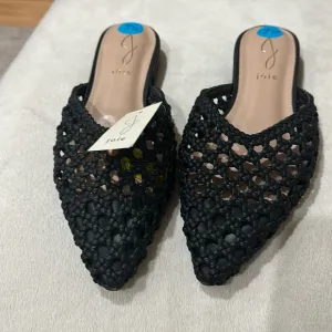 New Joie Leather Woven Flats Womens Black Mules Pointed
