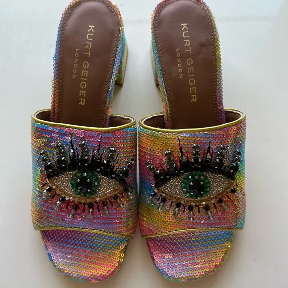 New Kurt Geiger London Women's Multicolor Sequin Slide Sandals. Size 38.