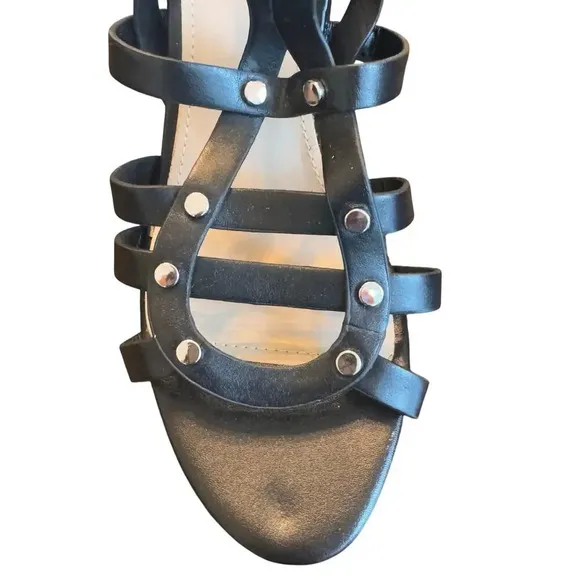 New Marc Fisher Lusa Caged Ankle Strap Black Leather Block Heels Women's 9