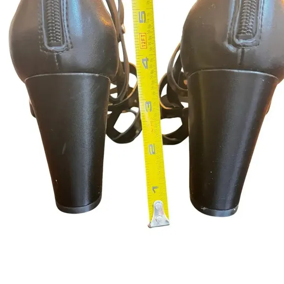 New Marc Fisher Lusa Caged Ankle Strap Black Leather Block Heels Women's 9