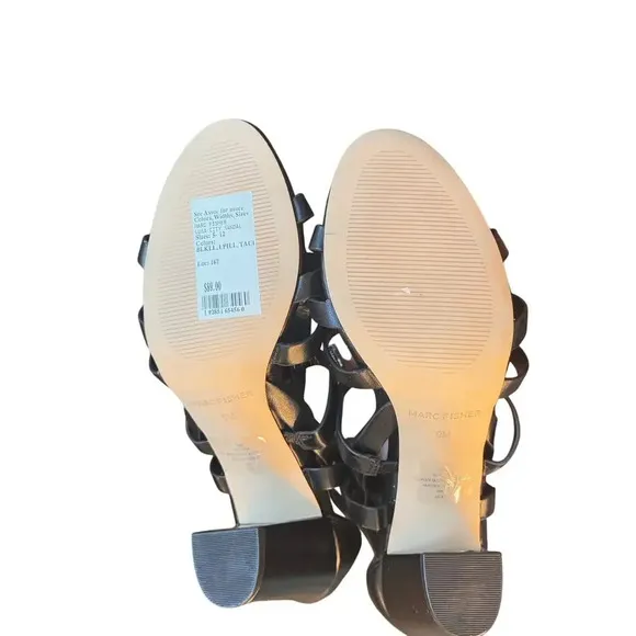 New Marc Fisher Lusa Caged Ankle Strap Black Leather Block Heels Women's 9