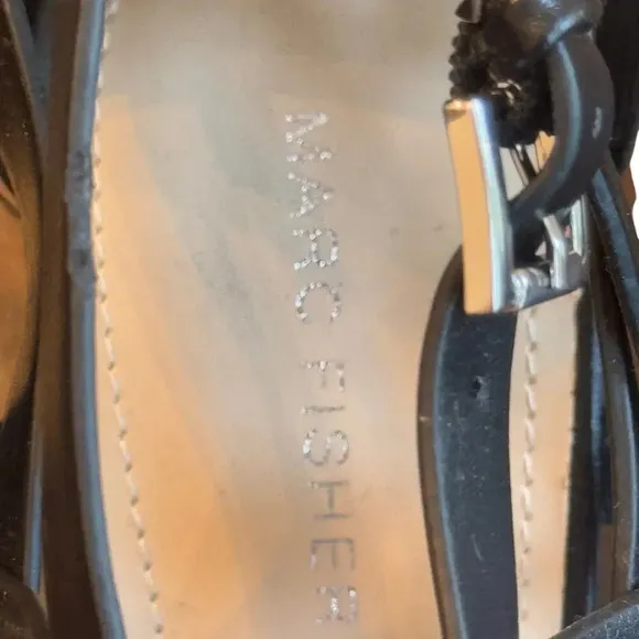 New Marc Fisher Lusa Caged Ankle Strap Black Leather Block Heels Women's 9
