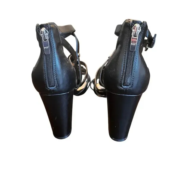 New Marc Fisher Lusa Caged Ankle Strap Black Leather Block Heels Women's 9