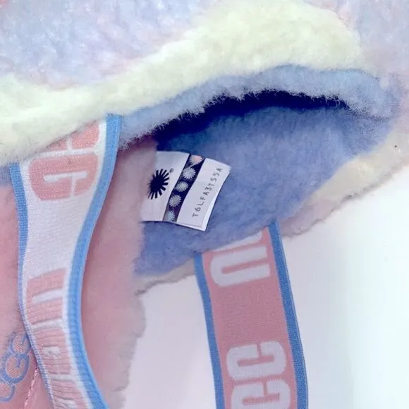New pastel rainbow fuzzy UGG cozy sandals, new but try on sample.