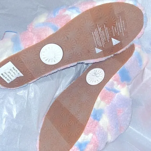 New pastel rainbow fuzzy UGG cozy sandals, new but try on sample.