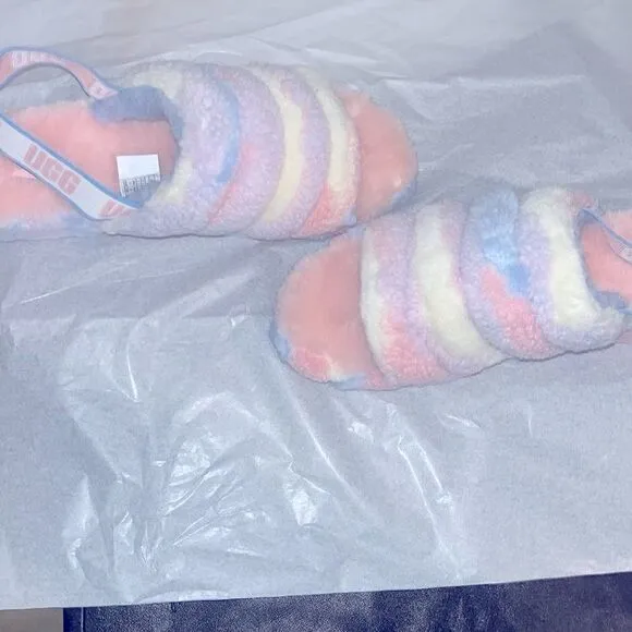 New pastel rainbow fuzzy UGG cozy sandals, new but try on sample.