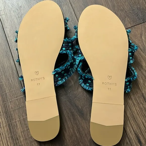 NEW Rothy’s Triple Band Teal Navy Blue Fringe Sandals Size 11