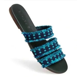 NEW Rothy’s Triple Band Teal Navy Blue Fringe Sandals Size 11