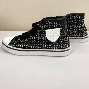 NEW YSL Unisex Tweed Printed Sneakers in Black/White. Size EU 37