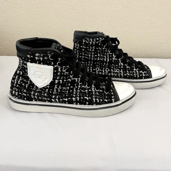NEW YSL Unisex Tweed Printed Sneakers in Black/White. Size EU 37