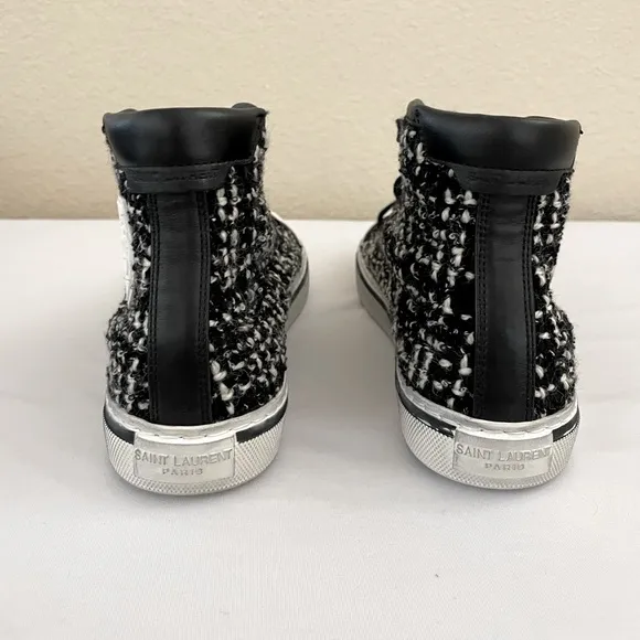 NEW YSL Unisex Tweed Printed Sneakers in Black/White. Size EU 37