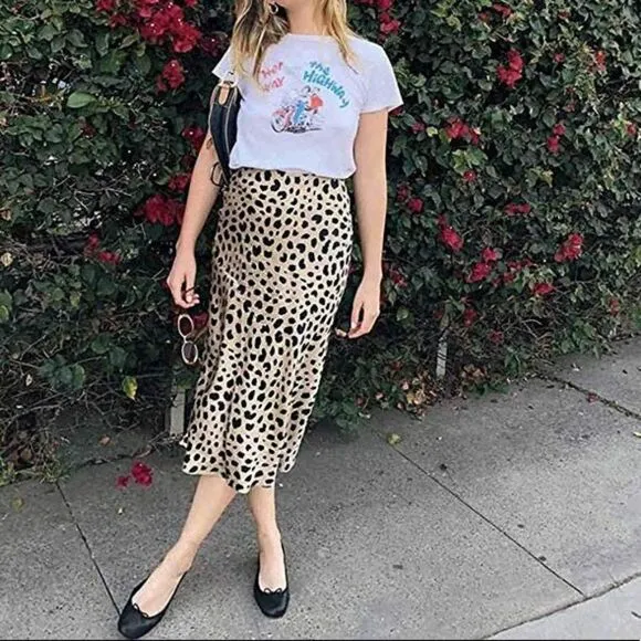 New Leopard Midi Skirt Waistband Silk Satin Skirts