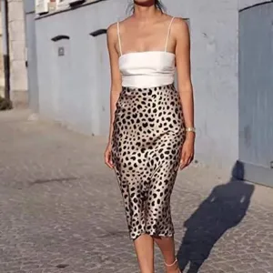 New Leopard Midi Skirt Waistband Silk Satin Skirts
