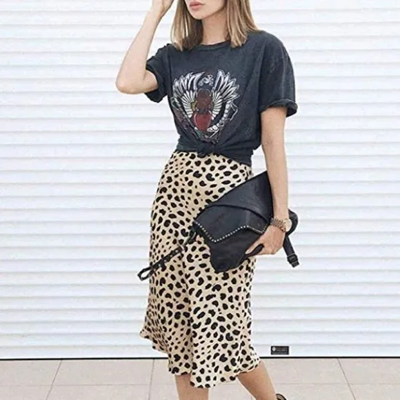 New Leopard Midi Skirt Waistband Silk Satin Skirts