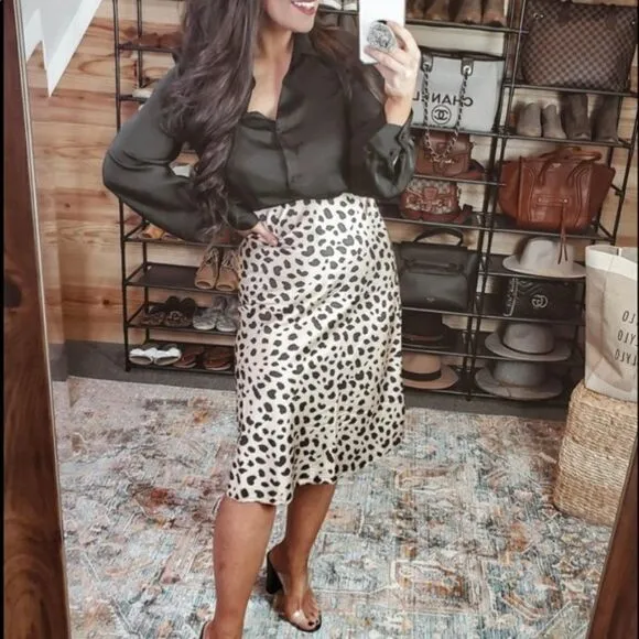 New Leopard Midi Skirt Waistband Silk Satin Skirts