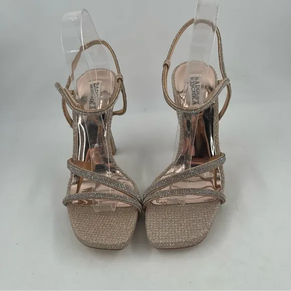 NIB! Badgley Mischka Women’s Urbana Pale Gold Glitter Stiletto Heel Sandals-8.5