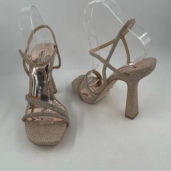 NIB! Badgley Mischka Women’s Urbana Pale Gold Glitter Stiletto Heel Sandals-8.5