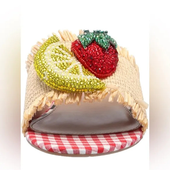 NIB Betsey Johnson, the Lindyy Fruit Bead Embellished Slide Sandals
