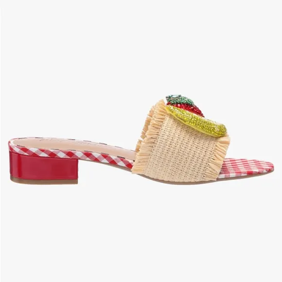 NIB Betsey Johnson, the Lindyy Fruit Bead Embellished Slide Sandals