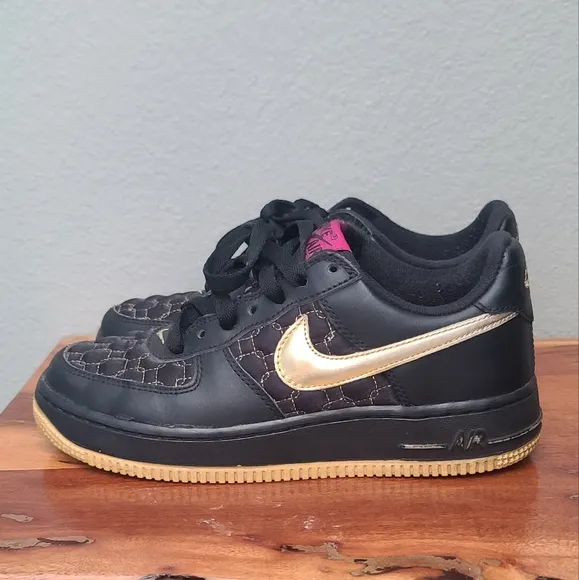 NIKE Air Force 1 Low Top Black Holographic Gold Heat Vintage Unisex Sneakers