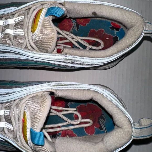 Nike Air Max 97 Mens 9.5 White Siren Red Laser Blue Washed Teal DQ7644-100 Dirty