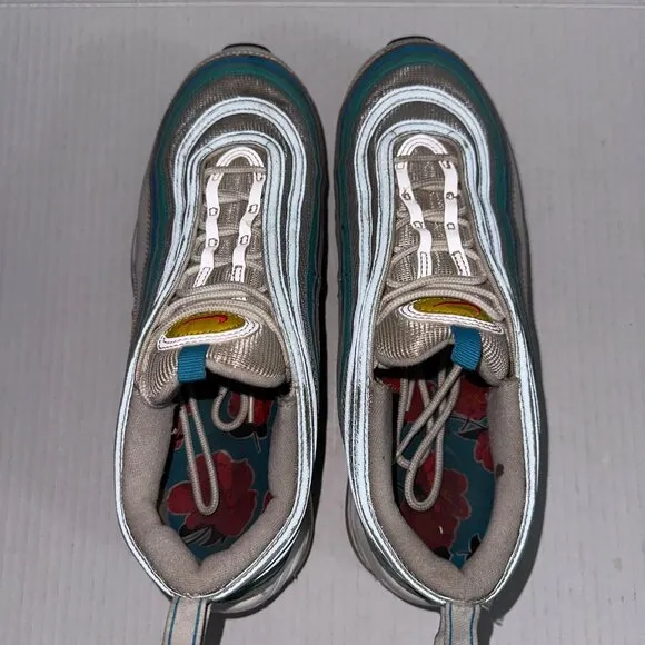 Nike Air Max 97 Mens 9.5 White Siren Red Laser Blue Washed Teal DQ7644-100 Dirty