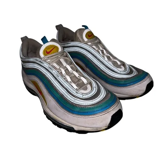 Nike Air Max 97 Mens 9.5 White Siren Red Laser Blue Washed Teal DQ7644-100 Dirty