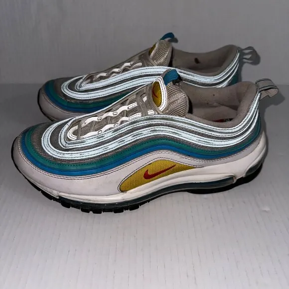 Nike Air Max 97 Mens 9.5 White Siren Red Laser Blue Washed Teal DQ7644-100 Dirty