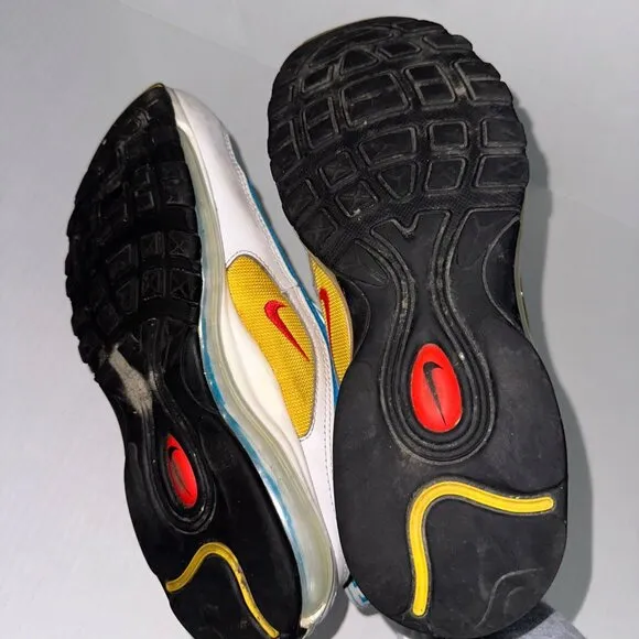 Nike Air Max 97 Mens 9.5 White Siren Red Laser Blue Washed Teal DQ7644-100 Dirty