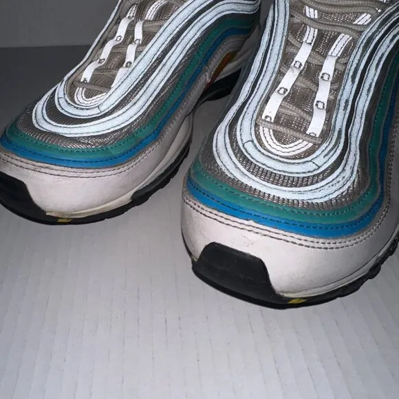 Nike Air Max 97 Mens 9.5 White Siren Red Laser Blue Washed Teal DQ7644-100 Dirty
