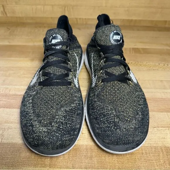 Nike Free RN Flyknit Running Shoes Mens Size 8 Black Gold White 942838-005