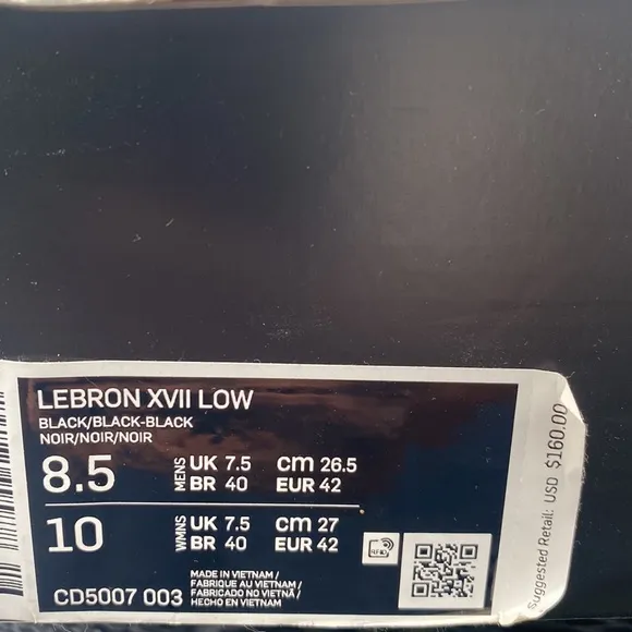 NIKE LEBRON XVII LOW Unisex Black Athletic Sneakers Size Men 8.5 Women 10